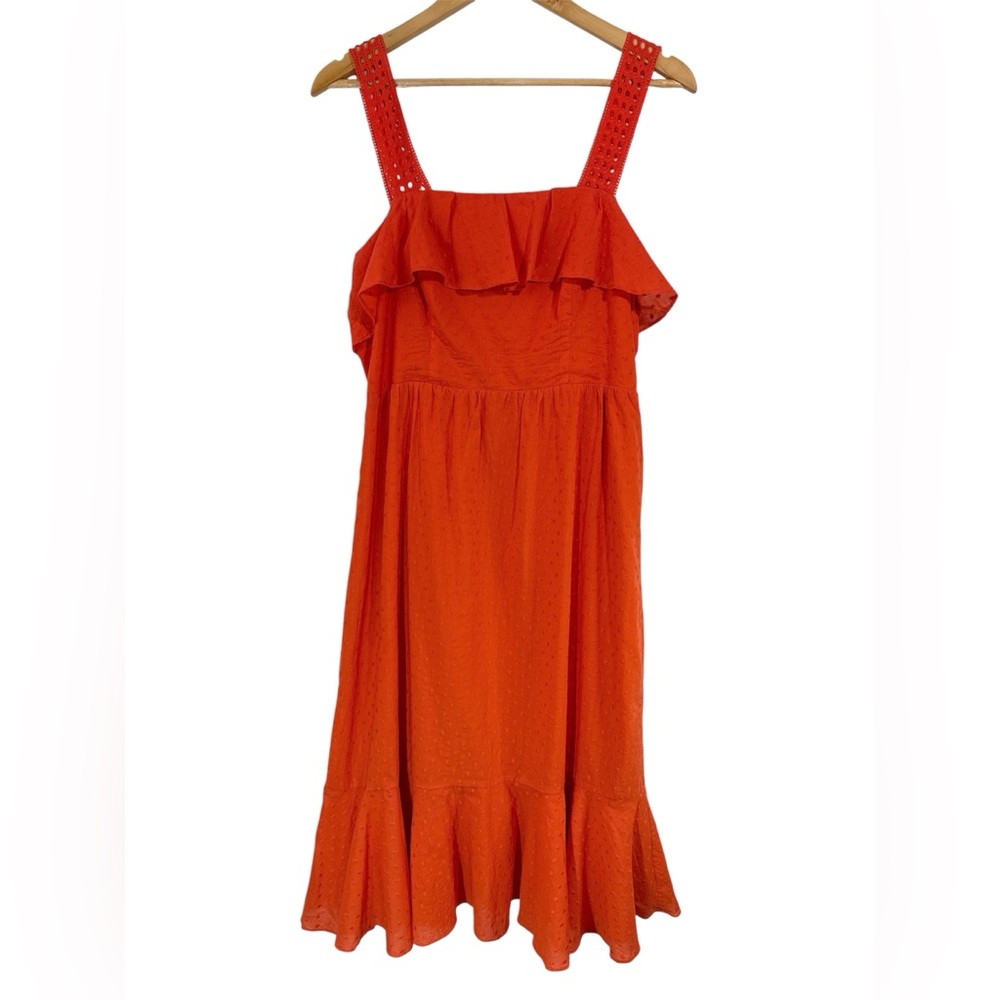 J. Crew Women’s Orange Eyelet Ruffle Midi Dress Size 8 Tall Sleeveless Summer - Picture 4 of 12